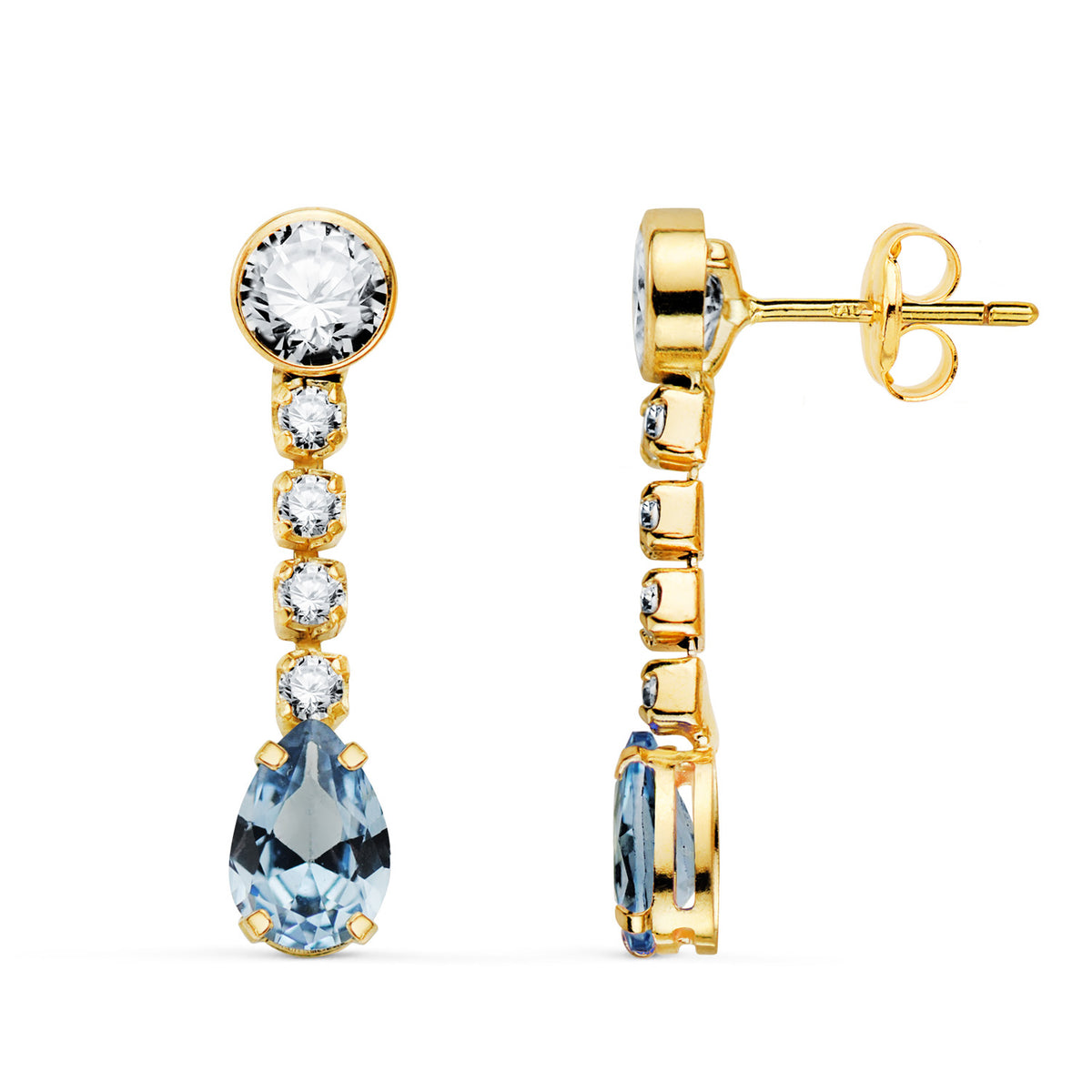 Pendientes Aguamarina en Forma de Gota y Circonitas. 22 x 5 mm. de oro amarillo 18K