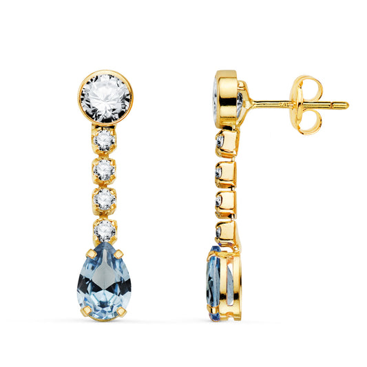 Pendientes Aguamarina en Forma de Gota y Circonitas. 22 x 5 mm. de oro amarillo 18K