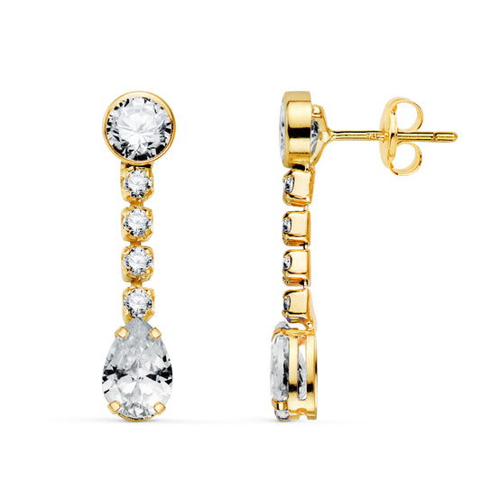Pendientes Circonita en Forma de Gota y Circonitas. 22 x 5 mm.cierre presión de oro amarillo 18K