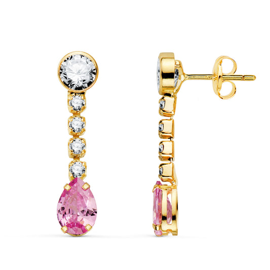 Pendientes Circonita Rosa en Forma de Gota y Circonitas. 22 x 5 mm. de oro amarillo 18K