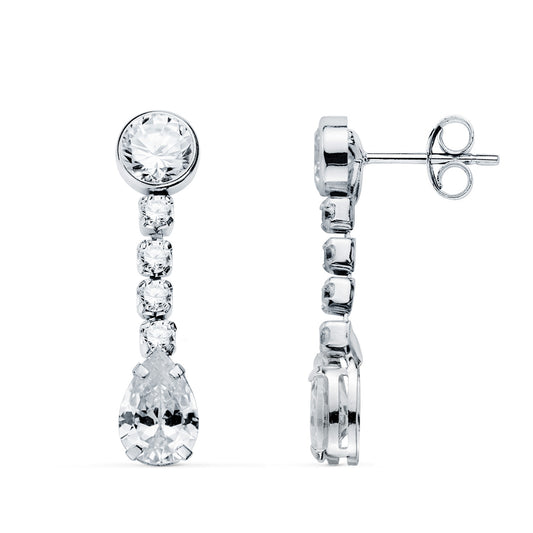 Pendientes Circonita en Forma de Gota y Circonitas. 22 x 5 mm. de oro blanco 18K