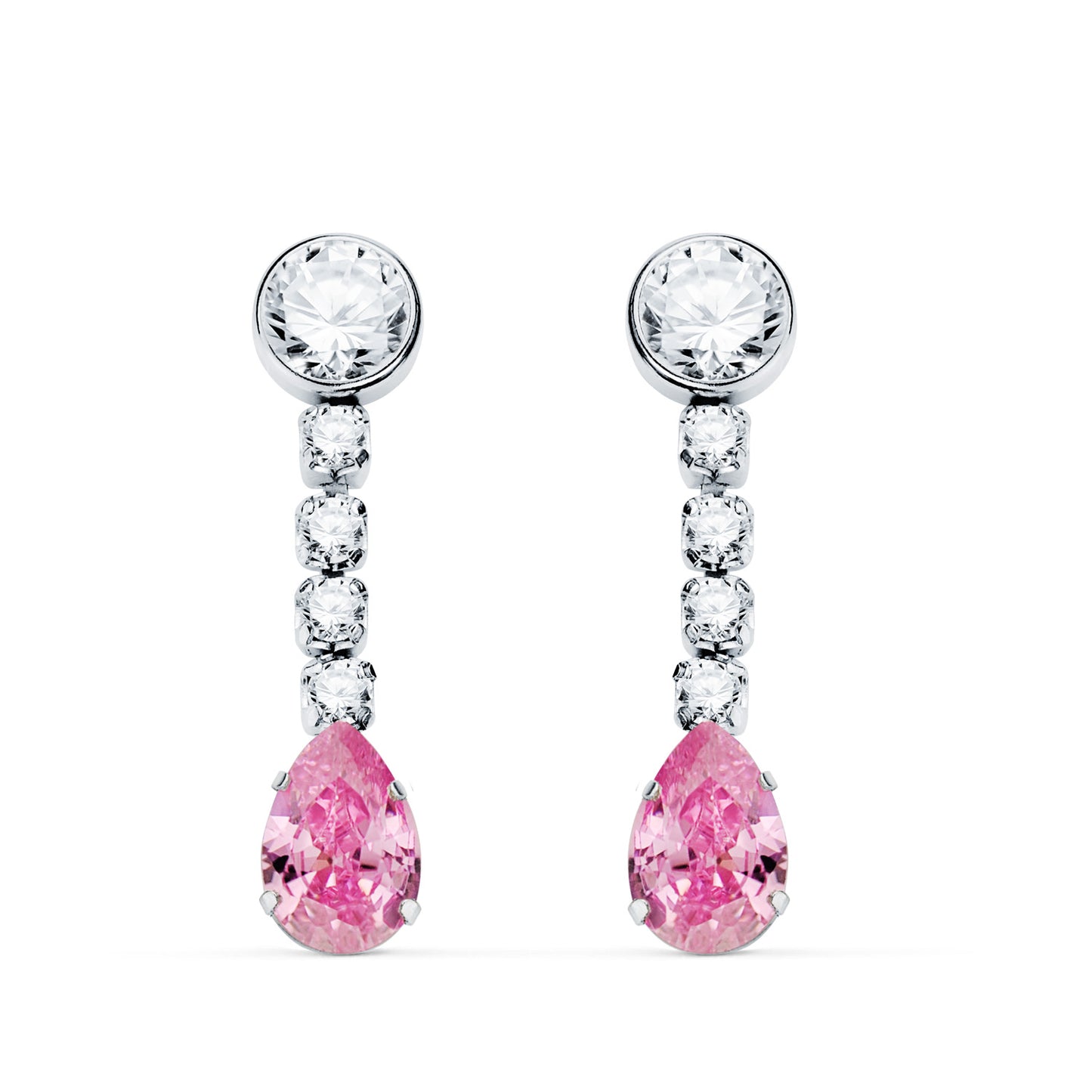 Pendientes Piedra Rosa Gota y Circontias. 22 x 5 mm. de oro blanco 18K
