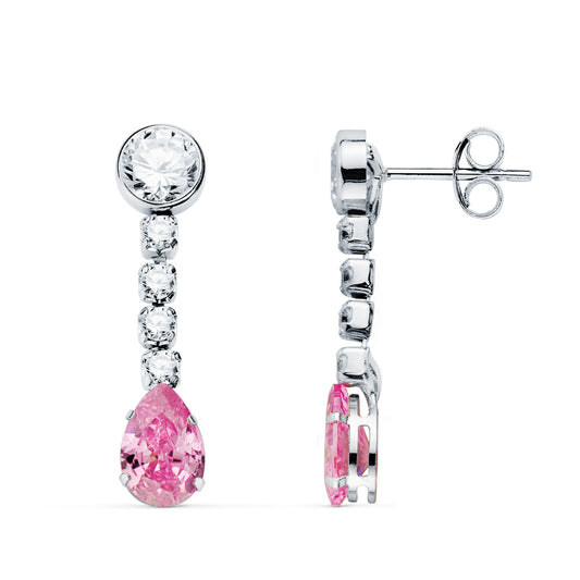 18K PENDIENTES ORO BLANCO PIEDRA ROSA GOTA Y CIRCONTIAS. 22X5 MM. CIERRE PRESION