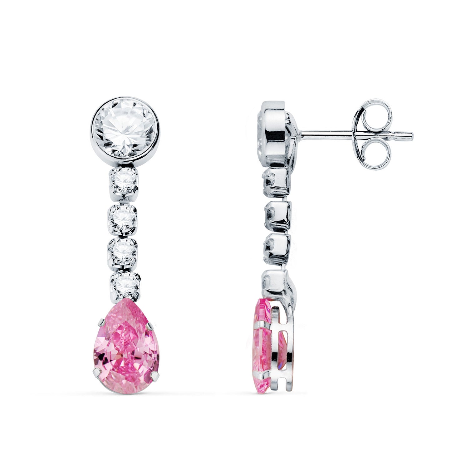 Pendientes Piedra Rosa Gota y Circontias. 22 x 5 mm. de oro blanco 18K