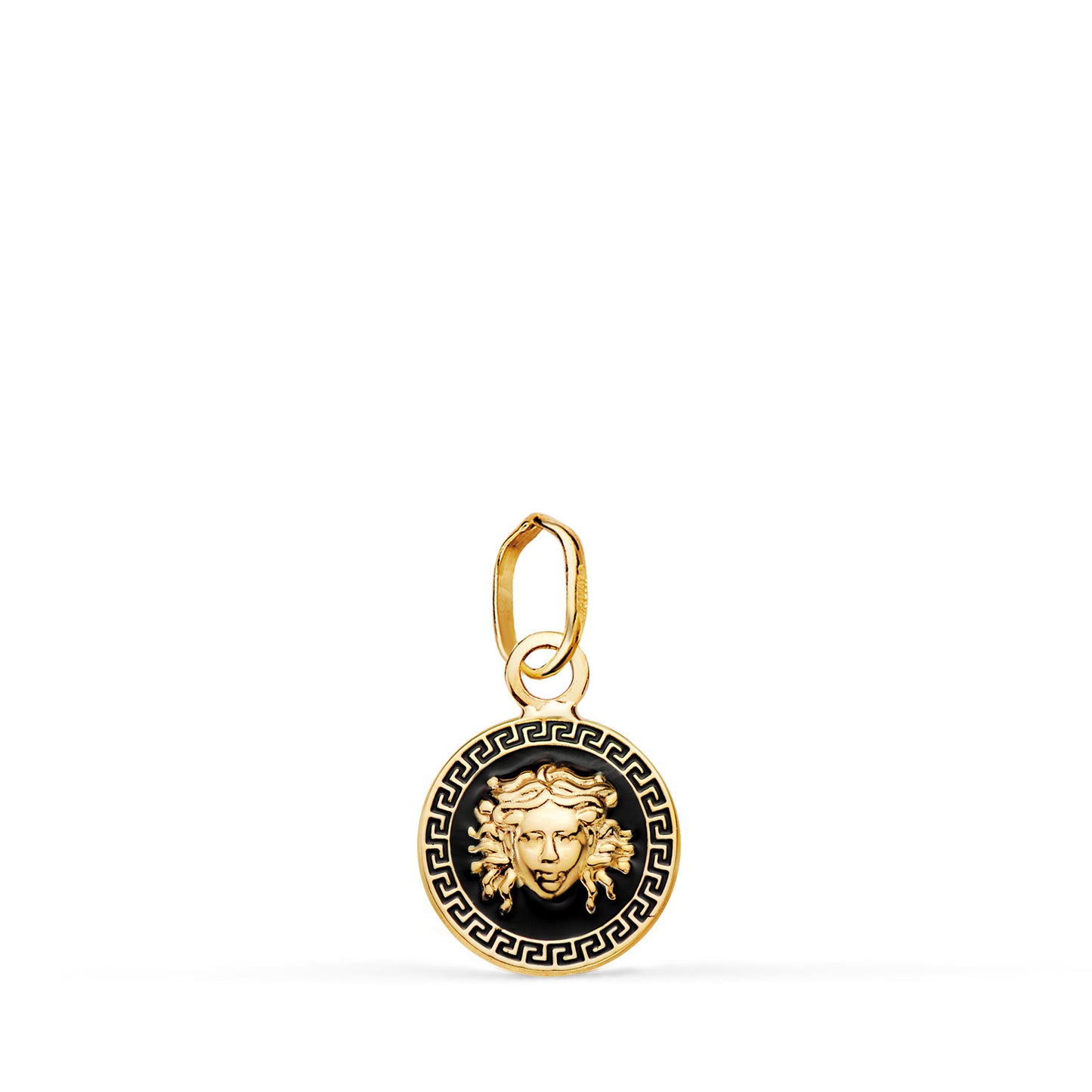 Medalla Medusa Greca con Esmalte Negro. 10 mm de oro amarillo 18K