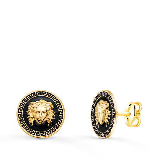 Pendientes Medusa y Borde de Greca Esmalte Negro. Ancho: 10 mm. de oro amarillo 18K
