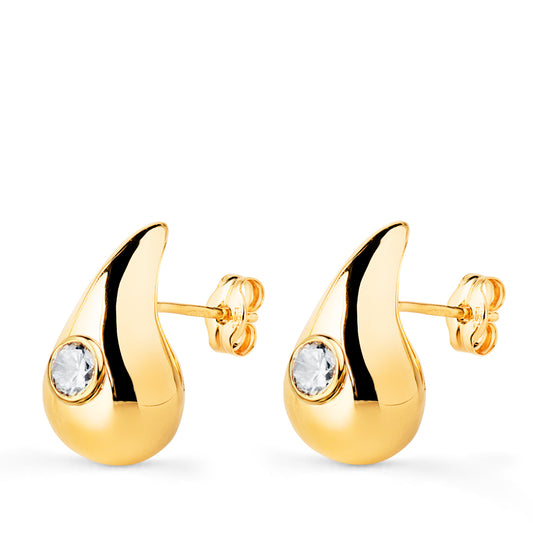 18K PENDIENTES ORO AMARILLO GOTA CON CIRCONITA BRILLO HUECA 16 X 9 MM. CIERRE PRESION