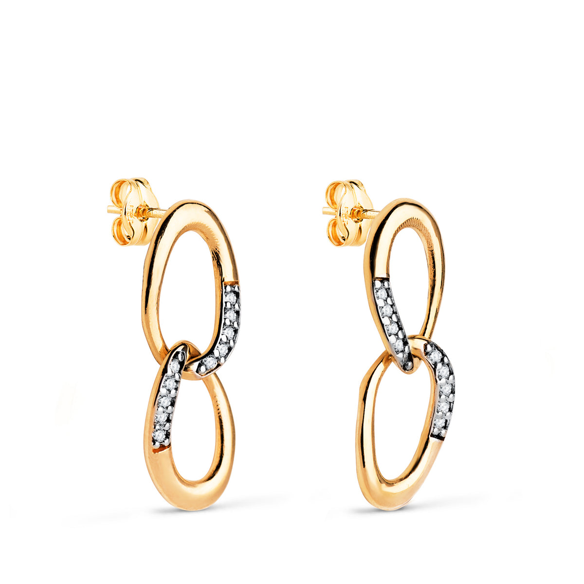 Pendientes Bicolor Dos Eslabones con Circonitas. Medida: 20 x 7 mm. 18K
