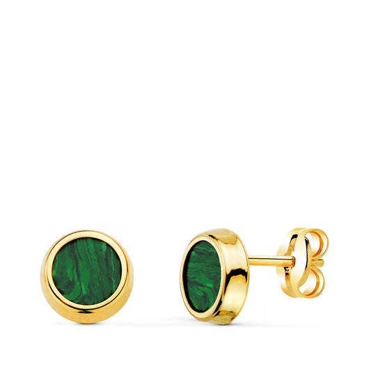 Pendientes Redondos con Malaquita 7 mm. de oro amarillo 18K