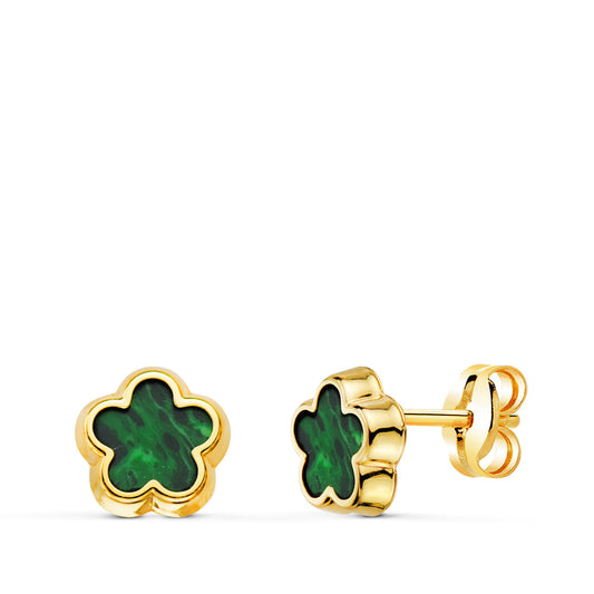 Pendientes Flor con Malaquita 7 x 7 mm. de oro amarillo 18K