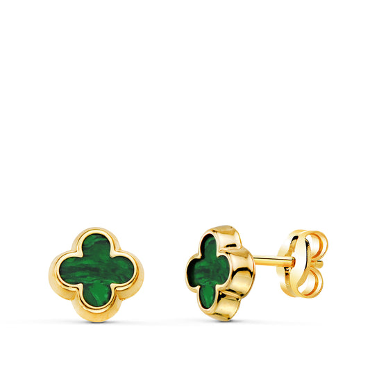 Pendientes Trebol con Malaquita 7 x 7 mm. de oro amarillo 18K