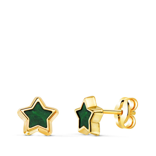 Pendientes Estrella con Malaquita 7 x 7 mm. de oro amarillo 18K