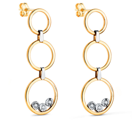 Pendientes Bicolor Largos Tres Aros con Circonitas. Medida: 34 x 11 mm. 18K