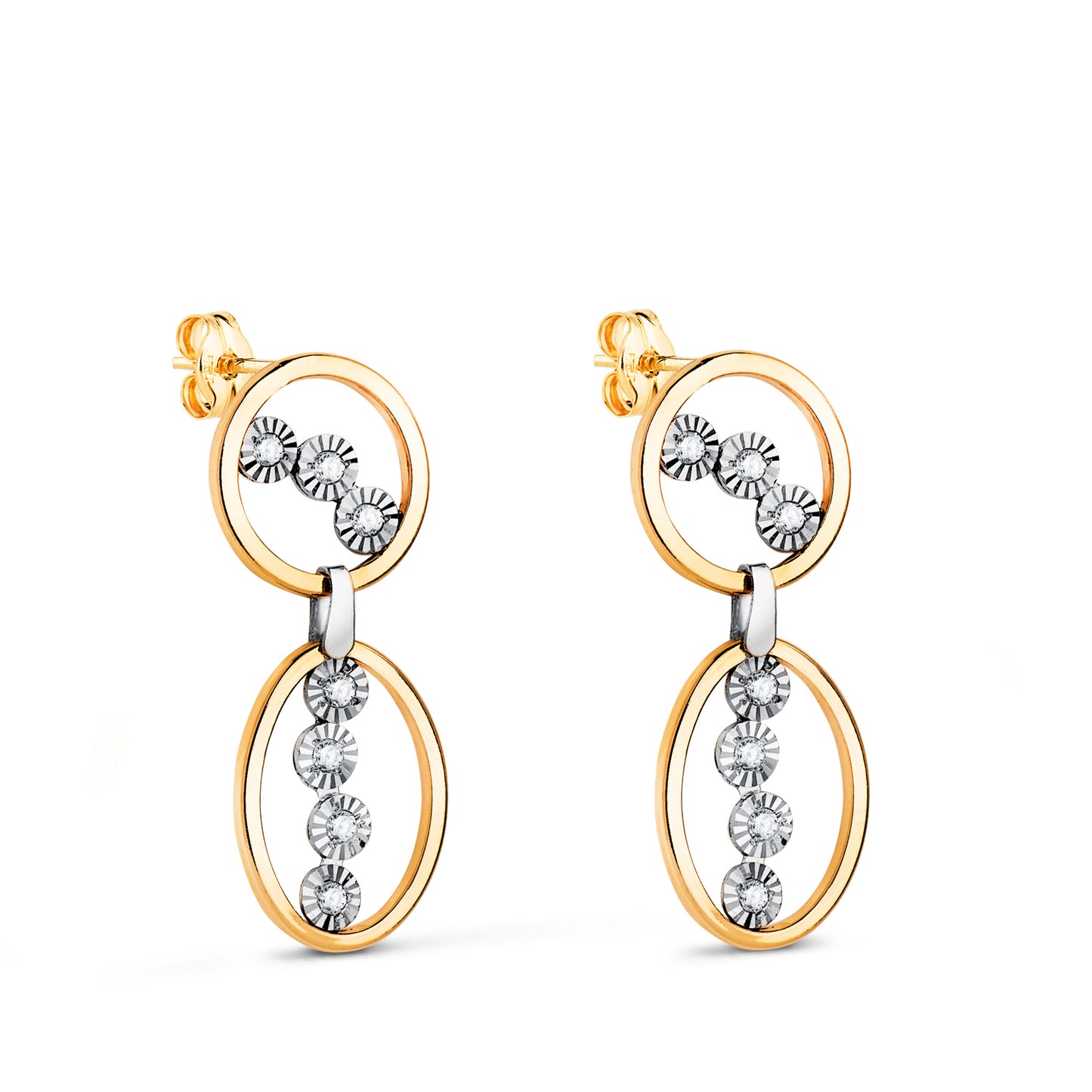 18K PENDIENTES ORO BICOLOR LARGOS DOS AROS CON CIRCONITAS. MEDIDA: 25 X 9 MM. CIERRE PRESION
