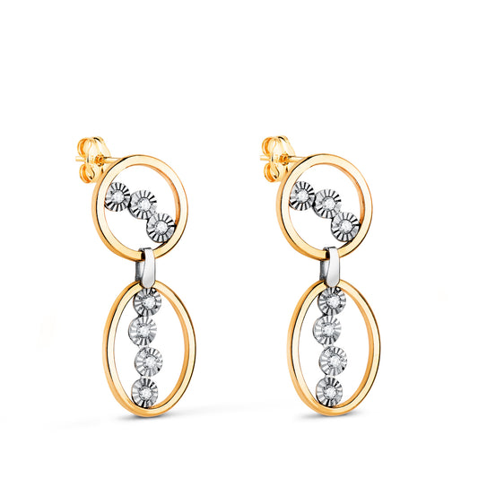 Pendientes Bicolor Largos Dos Aros con Circonitas. Medida: 25 x 9 mm. 18K