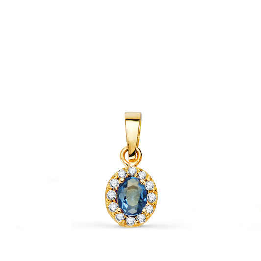 Colgante Piedra Oval Azul y Circonitas. 6,5 x 5,5 mm. de oro amarillo 18K