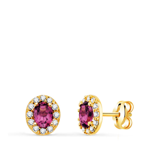 Pendientes Piedra Oval Amatista y Circonitas. 6,5 x 5,5 mm. de oro amarillo 18K