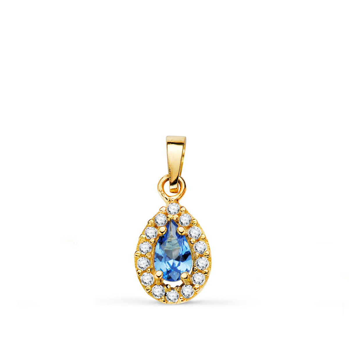 Colgante Piedra Gota Azul y Circonitas. 11 x 6 mm. de oro amarillo 18K