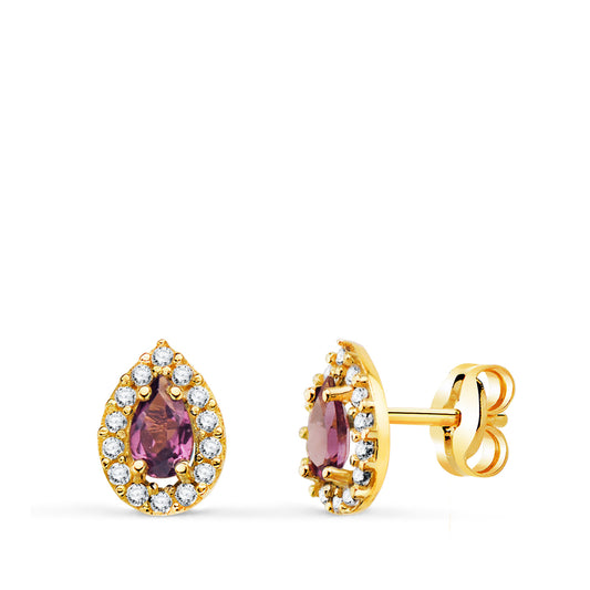 Pendientes Piedra Gota Amatista y Circonitas. 8,5 x 6 mm. de oro amarillo 18K