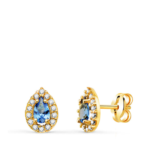 Pendientes Piedra Gota Azul y Circonitas. 8,5 x 6 mm. de oro amarillo 18K