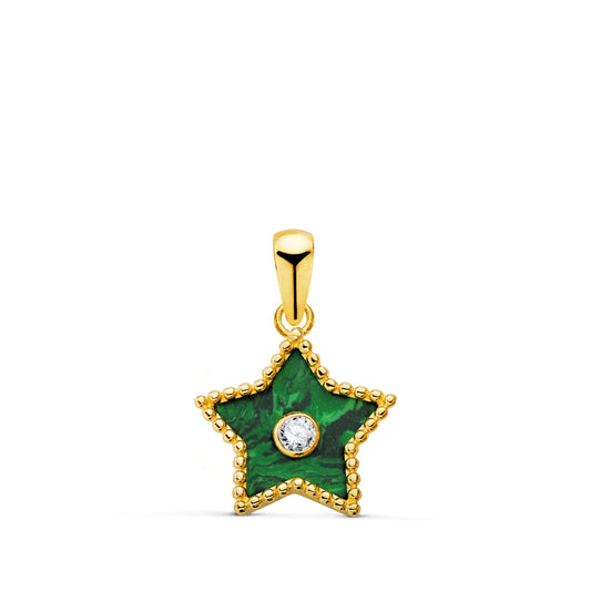 Colgante Amuleto Estrella Cerco Bolitas y Malaquita con Circonita 12 x 11 mm. de oro amarillo 18K