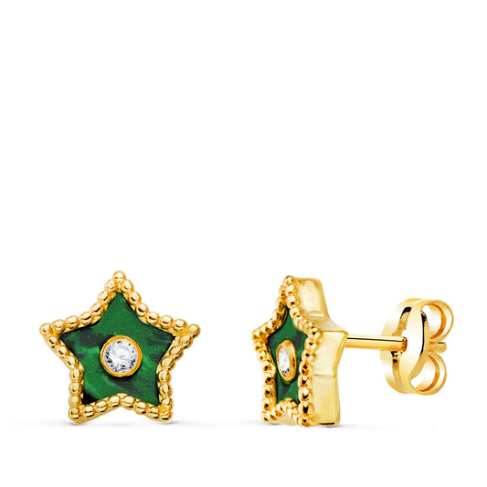 Pendientes Estrella Cerco Bolitas y Malaquita con Circonita 9 x 9 mm. de oro amarillo 18K