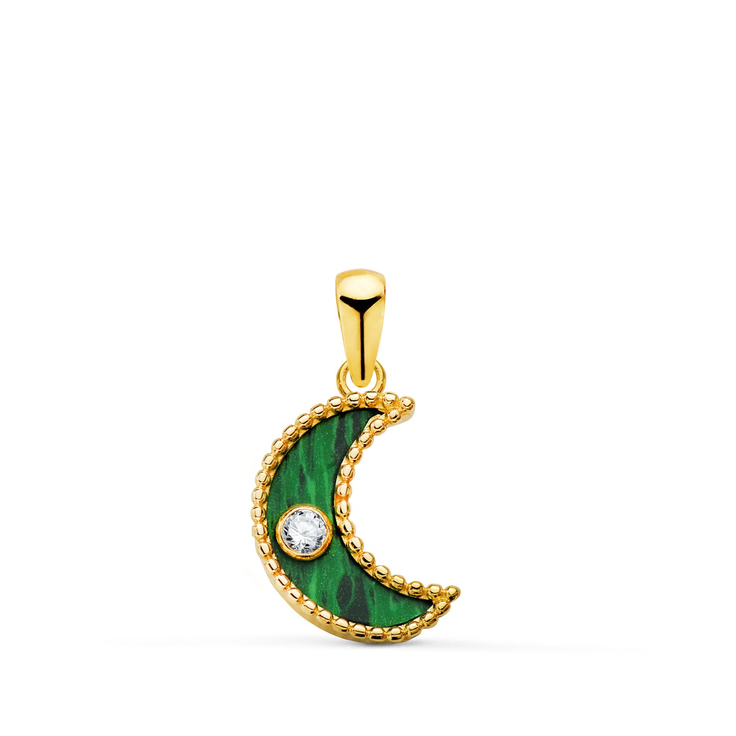 18K COLGANTE ORO AMULETO AMARILLO MEDIA LUNA CERCO BOLITAS Y MALAQUITA CON CIRCONITA 12,5X9,5 MM.