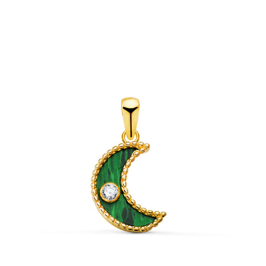 Colgante Amuleto Amarillo Media Luna Cerco Bolitas y Malaquita con Circonita 12,5 x 9,5 mm. 18K
