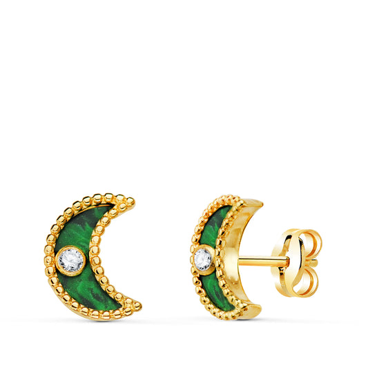 Pendientes Luna Cerco Bolitas y Malaquita con Circonita 10 x 7 mm. de oro amarillo 18K