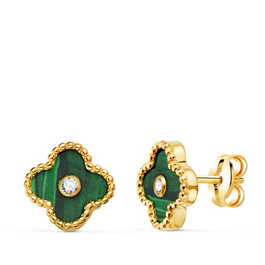 Pendientes Trebol Cerco Bolitas y Malaquita con Circonita 9 x 9 mm. de oro amarillo 18K