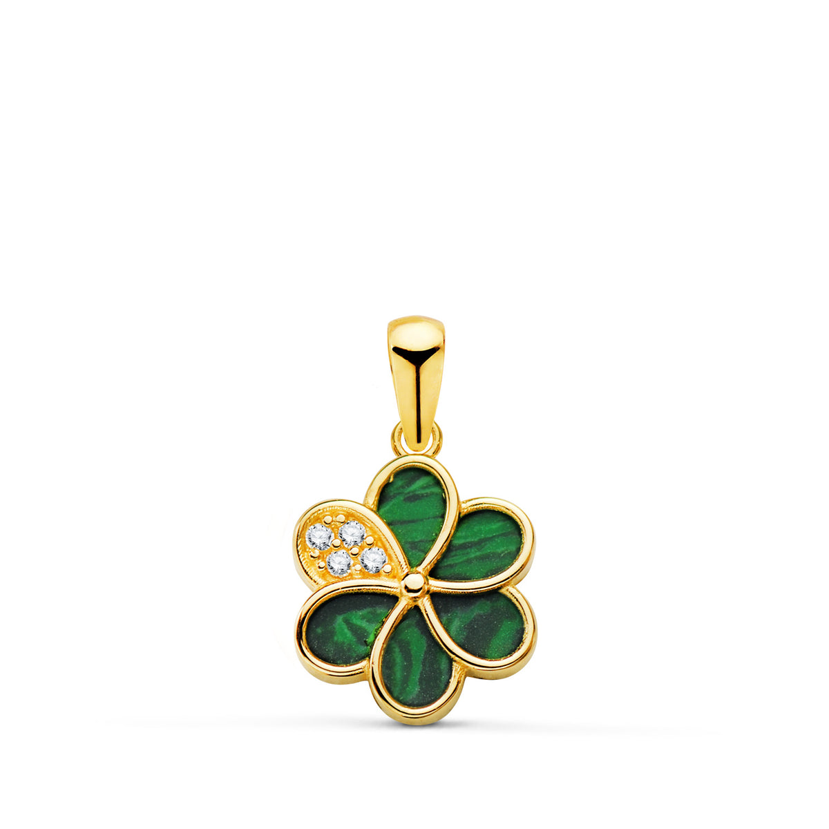 Colgante Amuleto Flor Petalos Malaquita y Circonita 10 x 10 mm. de oro amarillo 18K