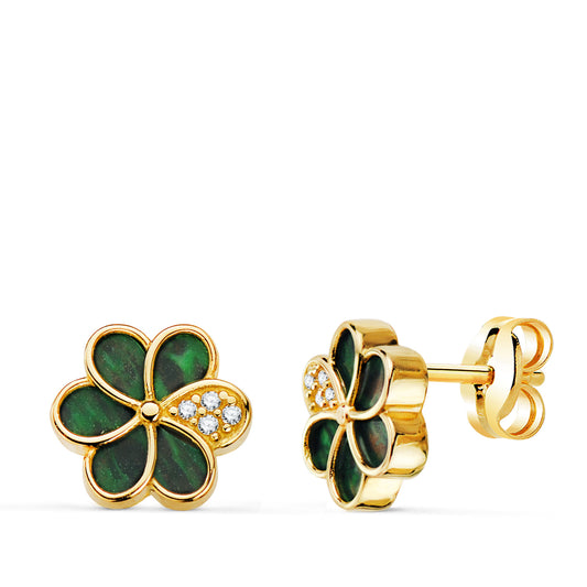 Pendientes Flor con Petalos de Malaquita y Circonita 8,5 x 8,5 mm. de oro amarillo 18K