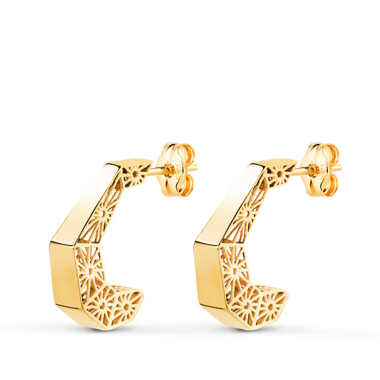 Pendientes Aros Huecos Diseño Calado. Medida: 14 x 3,5 mm. de oro amarillo 18K