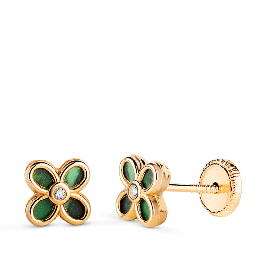 Pendientes Trebol Malaquita con Circonita. Medida: 7 x 5,5 mm. Cierre Tuerca de oro amarillo 18K