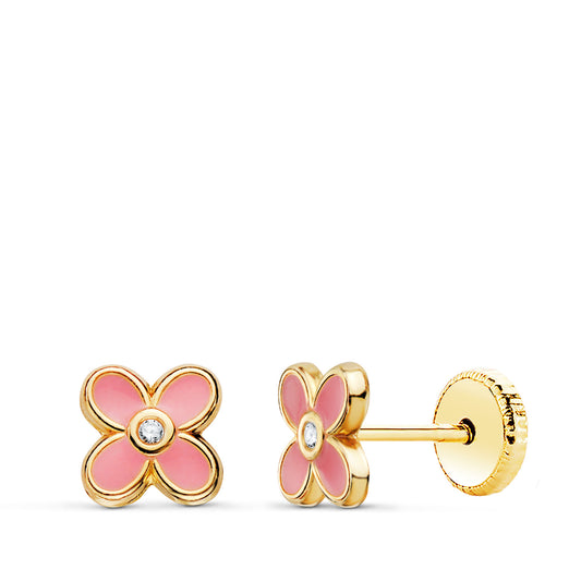 18K PENDIENTES ORO AMARILLO TREBOL ESMALTE ROSA 6X6 MM. CIERRE TUERCA