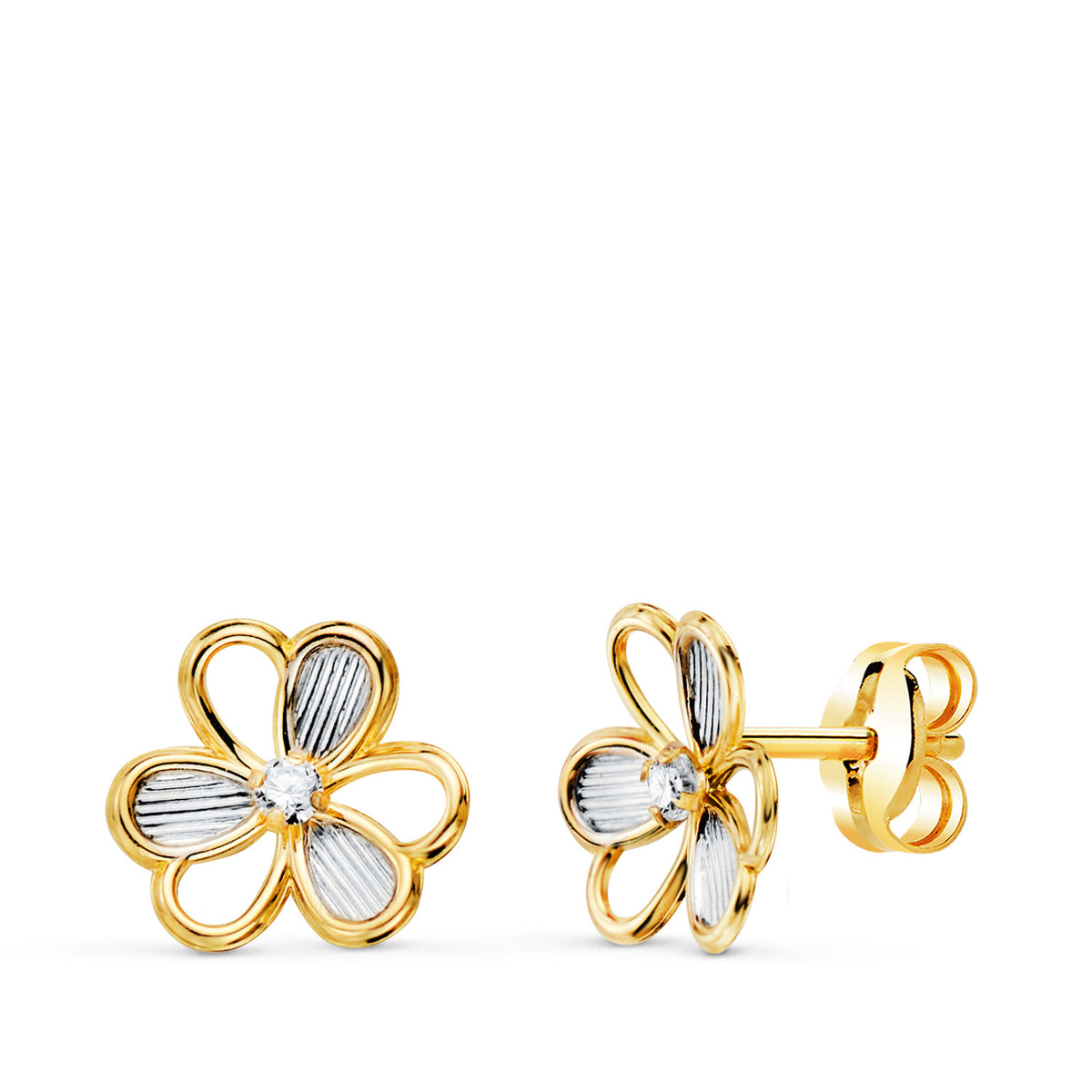 Pendientes Bicolor Trebol con Circonitas. Medida: 8 x 7 mm. 18K