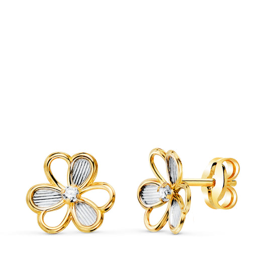 Pendientes Bicolor Trebol con Circonitas. Medida: 8 x 7 mm. 18K