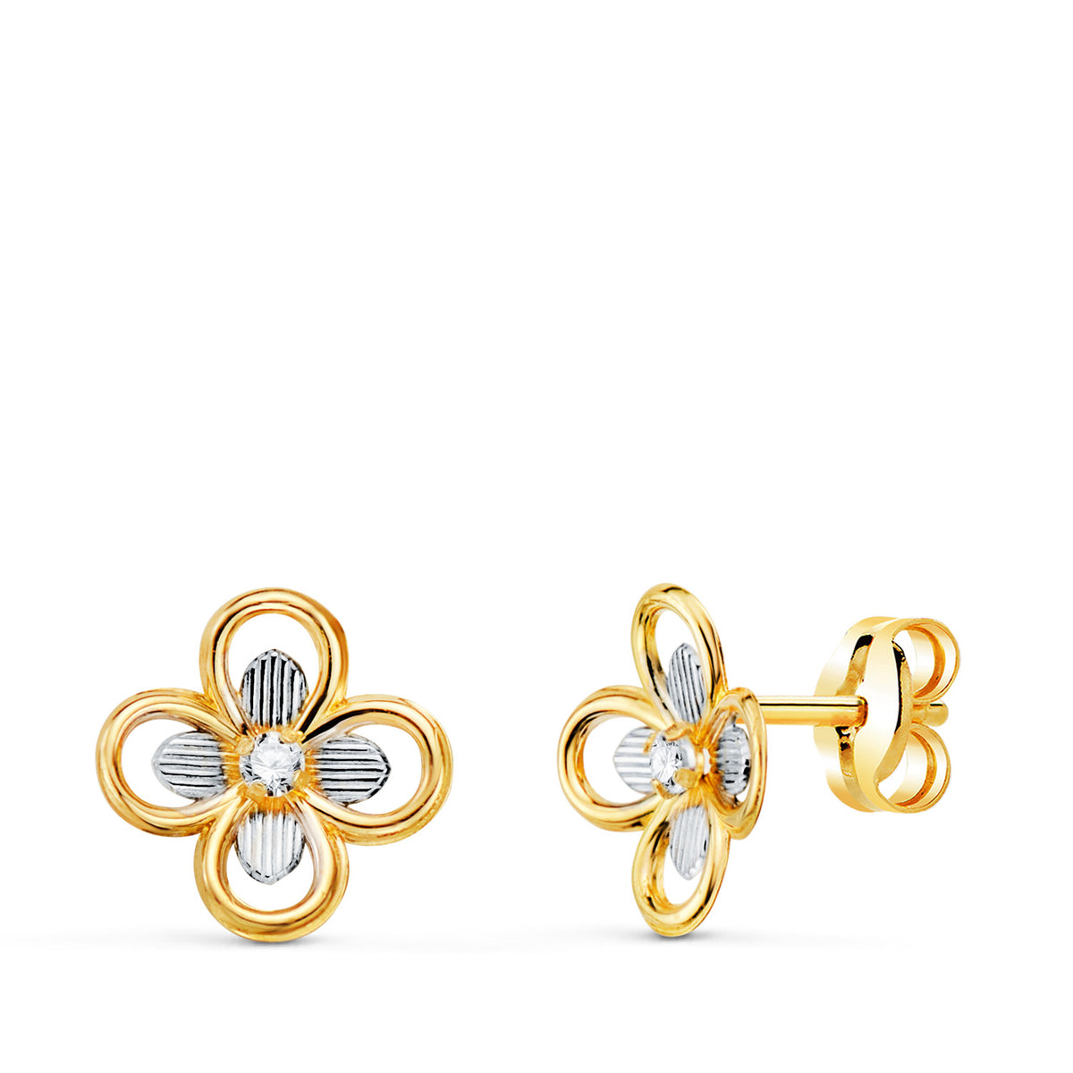 Pendientes Bicolor Cuatrebol con Circonitas. Medida: 8 x 8 mm. Cierr presión 18K