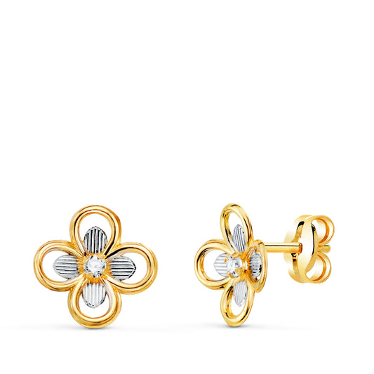 Pendientes Bicolor Cuatrebol con Circonitas. Medida: 8 x 8 mm. Cierr presión 18K