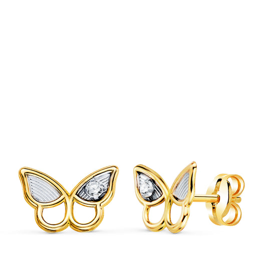18K PENDIENTES ORO BICOLOR MARIPOSA CON CIRCONITAS. MEDIDA: 8 X 6,5 MM. CIERRE PRESION