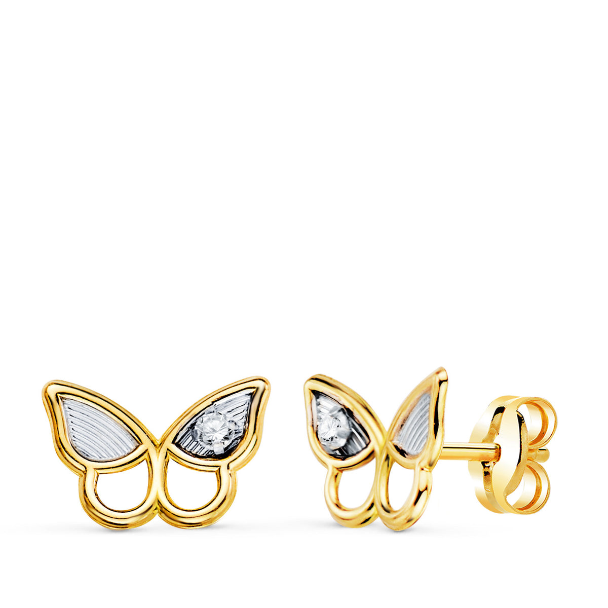 Pendientes Bicolor Mariposa con Circonitas. Medida: 8 x 6,5 mm. 18K