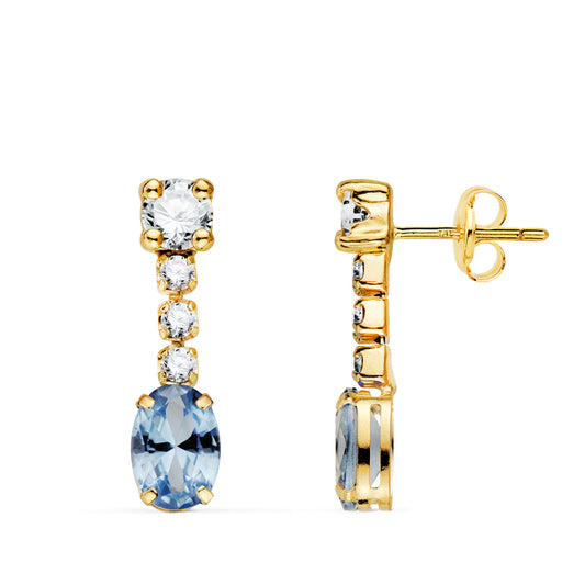Pendientes Aguamarina en Forma Oval y Circonitas. 20 x 5 mm. de oro amarillo 18K