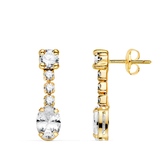 Pendientes Circonita Blanca en Forma Oval y Circonitas. 20 x 5 mm. de oro amarillo 18K