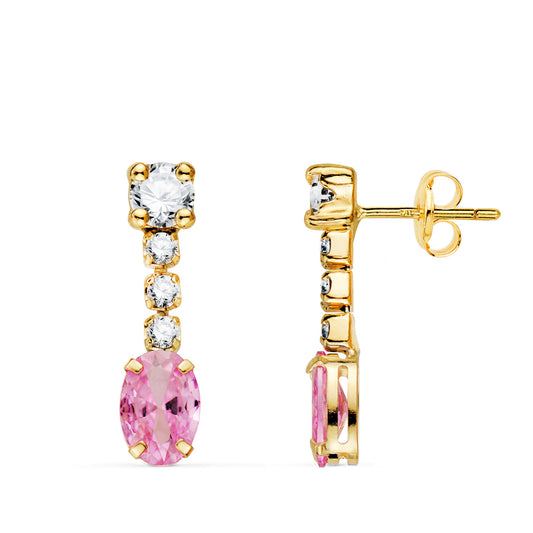 Pendientes Circonita Rosa en Forma Oval y Circonitas. 20 x 5 mm. de oro amarillo 18K