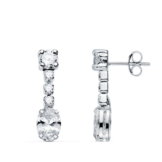 Pendientes Circonita Blanca en Forma Oval y Circonitas. 20 x 5 mm. de oro blanco 18K