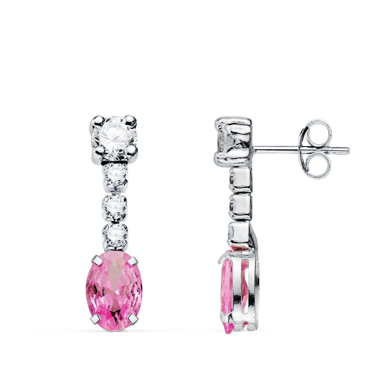 Pendientes Circonita Rosa en Forma Oval y Circonitas. 20 x 5 mm. de oro blanco 18K