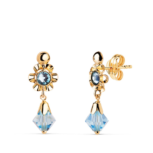 Pendientes Cubanas con Circonitas Azules. Medida: 18 x 6,5 mm. de oro amarillo 18K