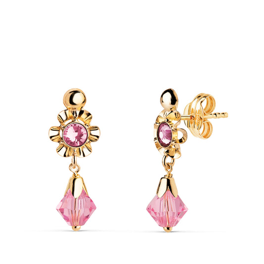 Pendientes Cubanas con Circonitas Rosas. Medida: 18 x 6,5 mm. de oro amarillo 18K