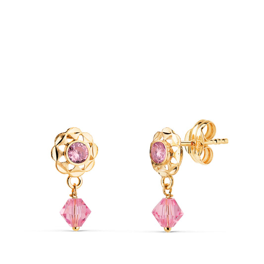 Pendientes Cubanas con Circonitas Rosas. Medida: 14 x 6,5 mm de oro amarillo 18K