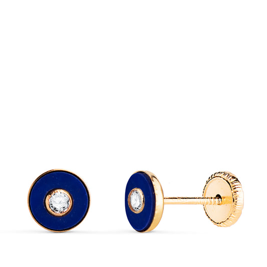 Pendientes Redondos Lapizlazuli con Bocel Circonita. Medida: 5,5 mm. Cierre Tuerca de oro amarillo 18K